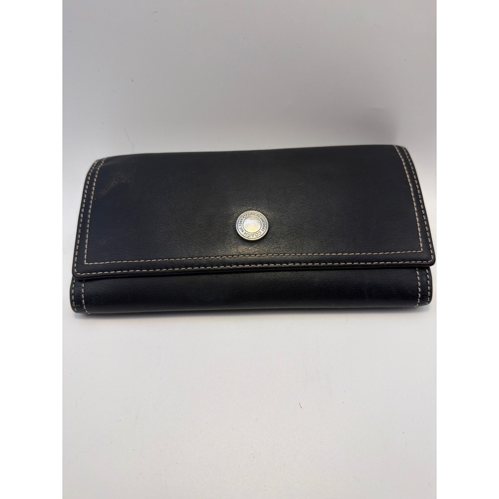 Coach Black Leather Tri-Fold Wallet with Pink Interior and Checkbook Case